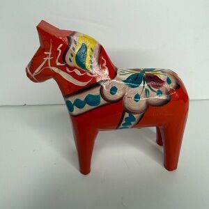 Vintage Nils Olsson Carved Wooden Red Dala Horse Akta Dalahemslojd Sweden 4"